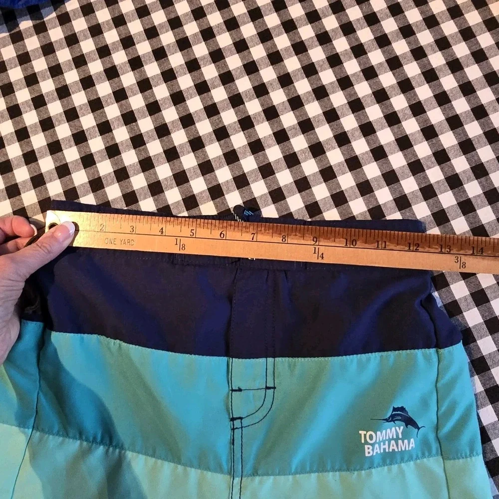 Tommy Bahama Board Shorts Boys LG Swim Trunks Mesh Liner Teals Navy Stripe Beach